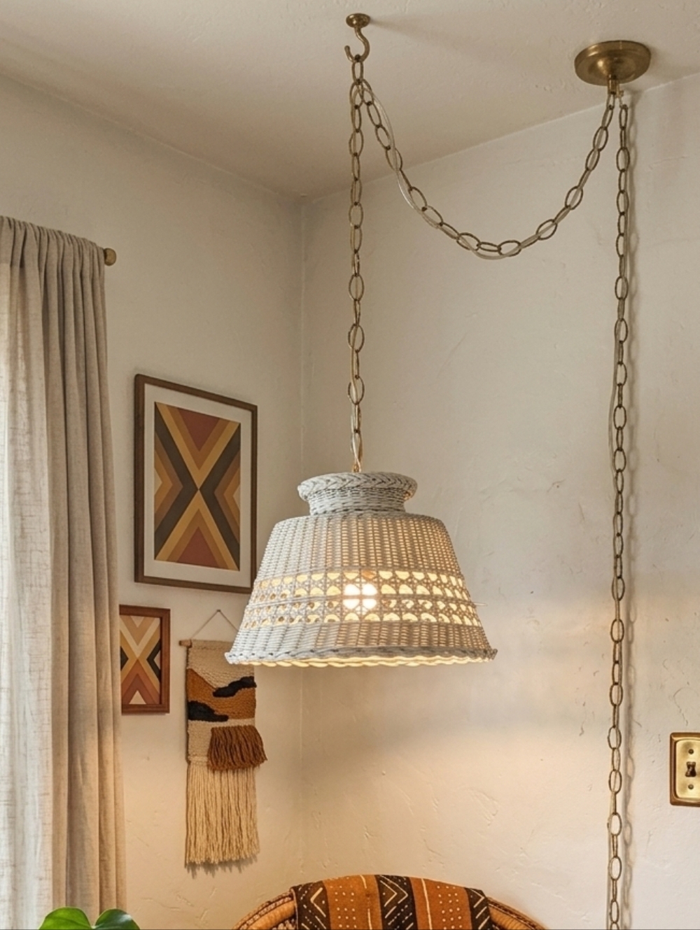Vintage Boho White Wicker Swag Pendant Lamp - MCM Scalloped
